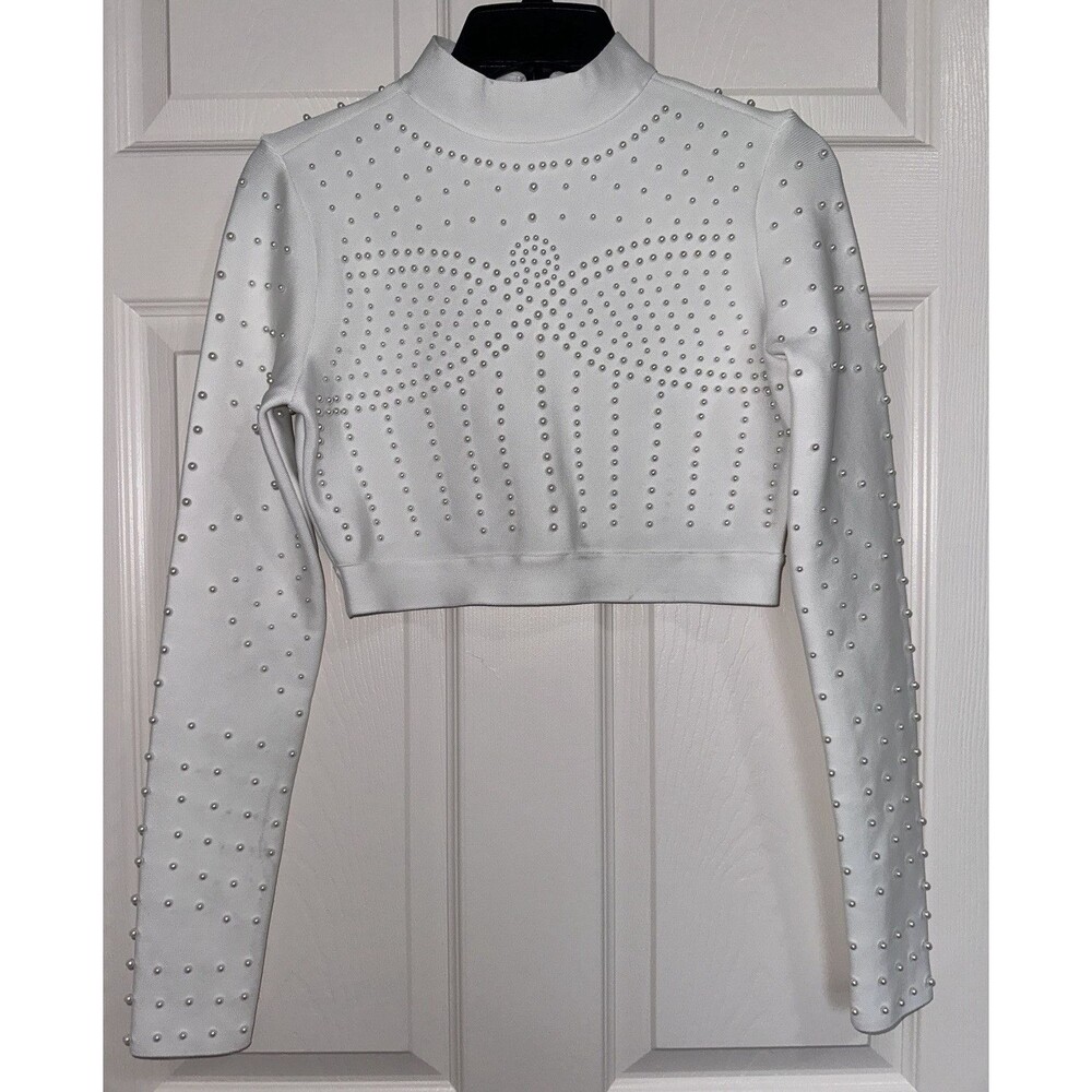 VENUS Womens S White Studded Mock Neck 1/4 Zip Long Sleeve Stretch Crop Top